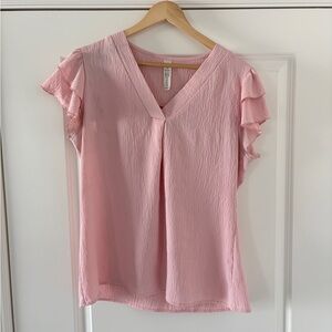 Pink Ruffle Sleeve V-Neck Top